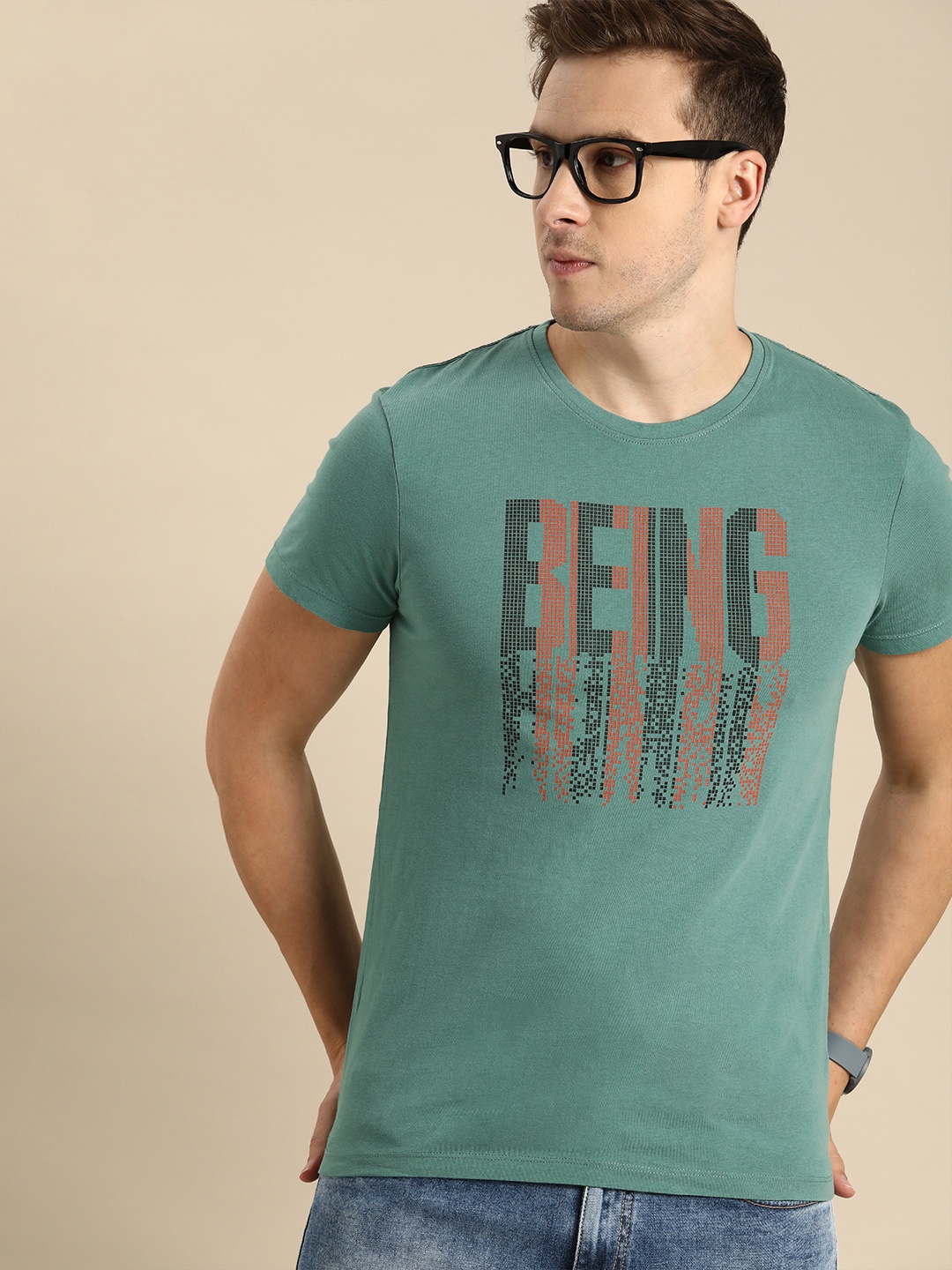 

Being Human Men Dusty Green Graphic Printed Pure Cotton T-shirt