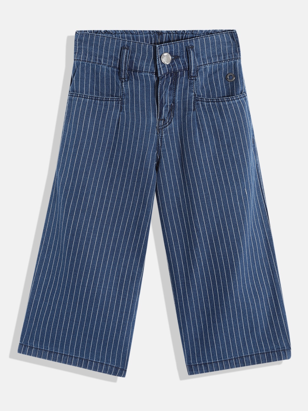 

Gini and Jony Girls Navy Blue & White Striped Front-Pleated Crop Culottes