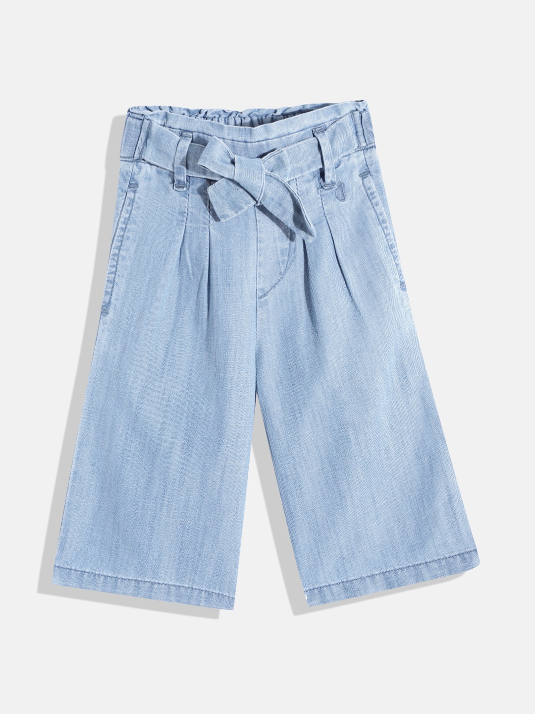 

Gini and Jony Infant Girls Blue Solid Chambray Pleated Culottes with Waist Tie-ups