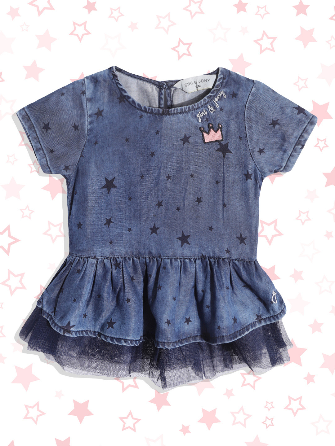 

Gini and Jony Infant Girls Blue Geometric Print Chambray Layered A-Line Top & Brooch