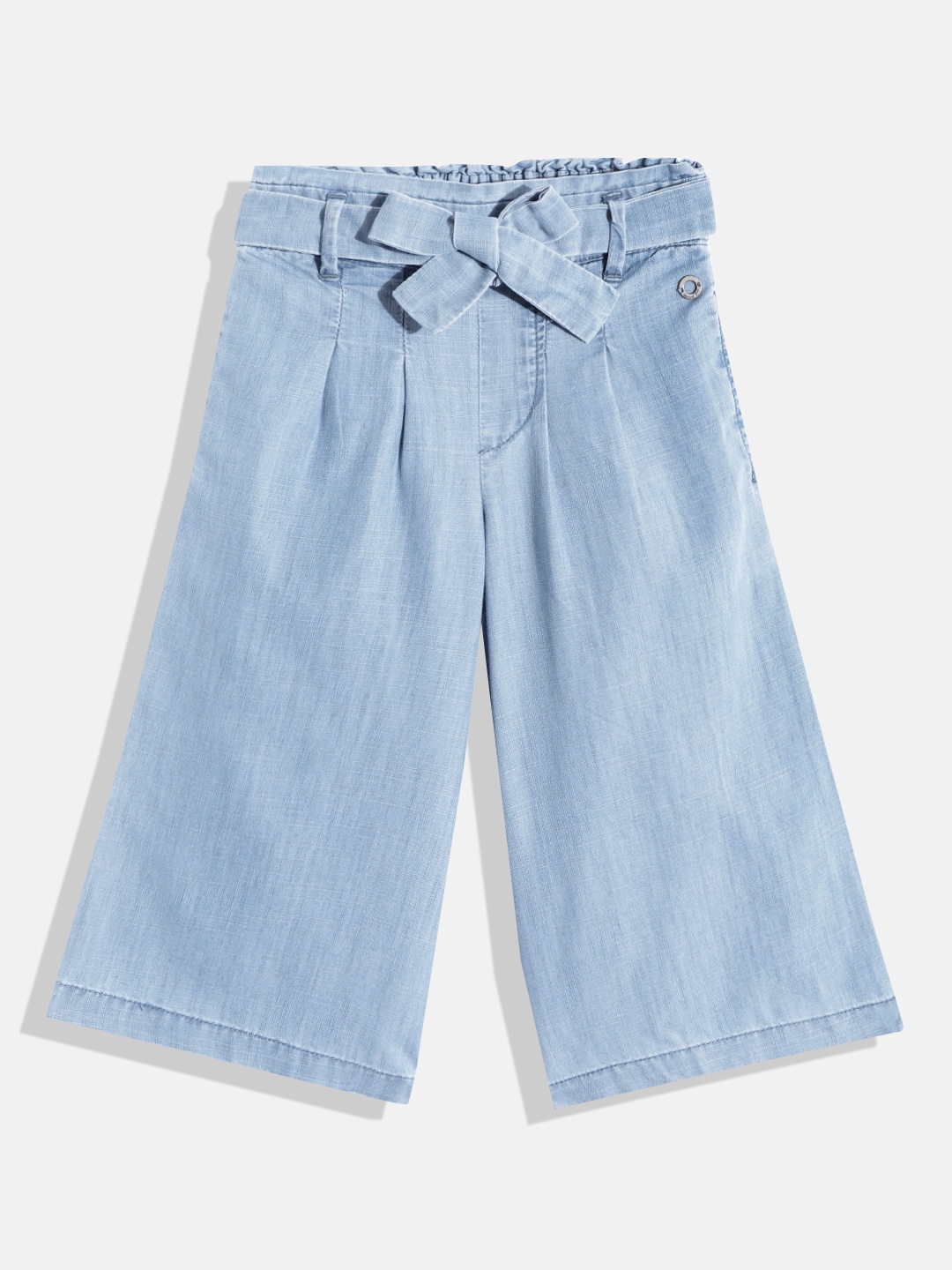 

Gini and Jony Girls Blue Solid Chambray Pleated Crop Culottes with Waist Tie-Ups