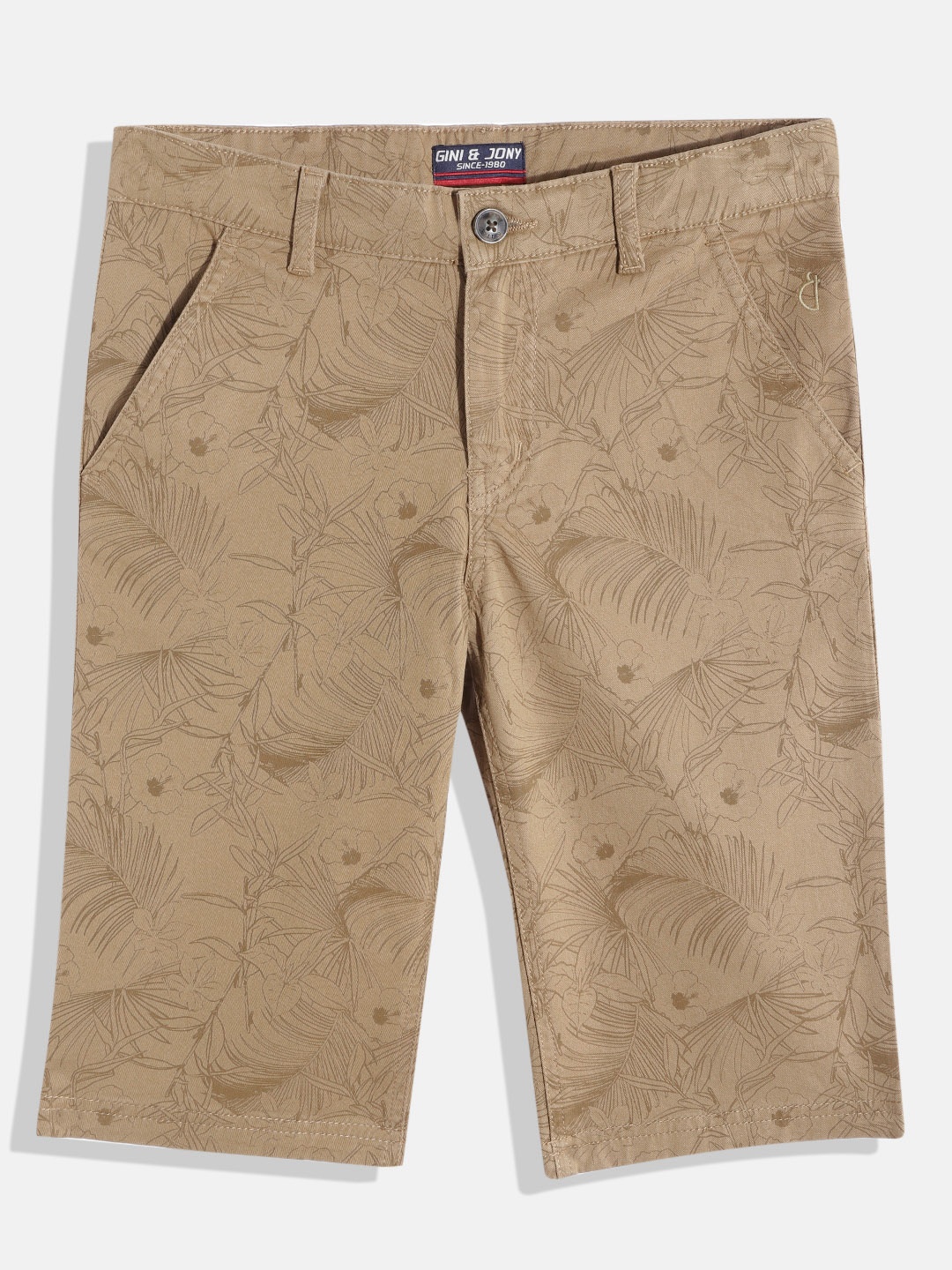 

Gini and Jony Boys Camel Brown Tropical Printed Denim Chino Shorts
