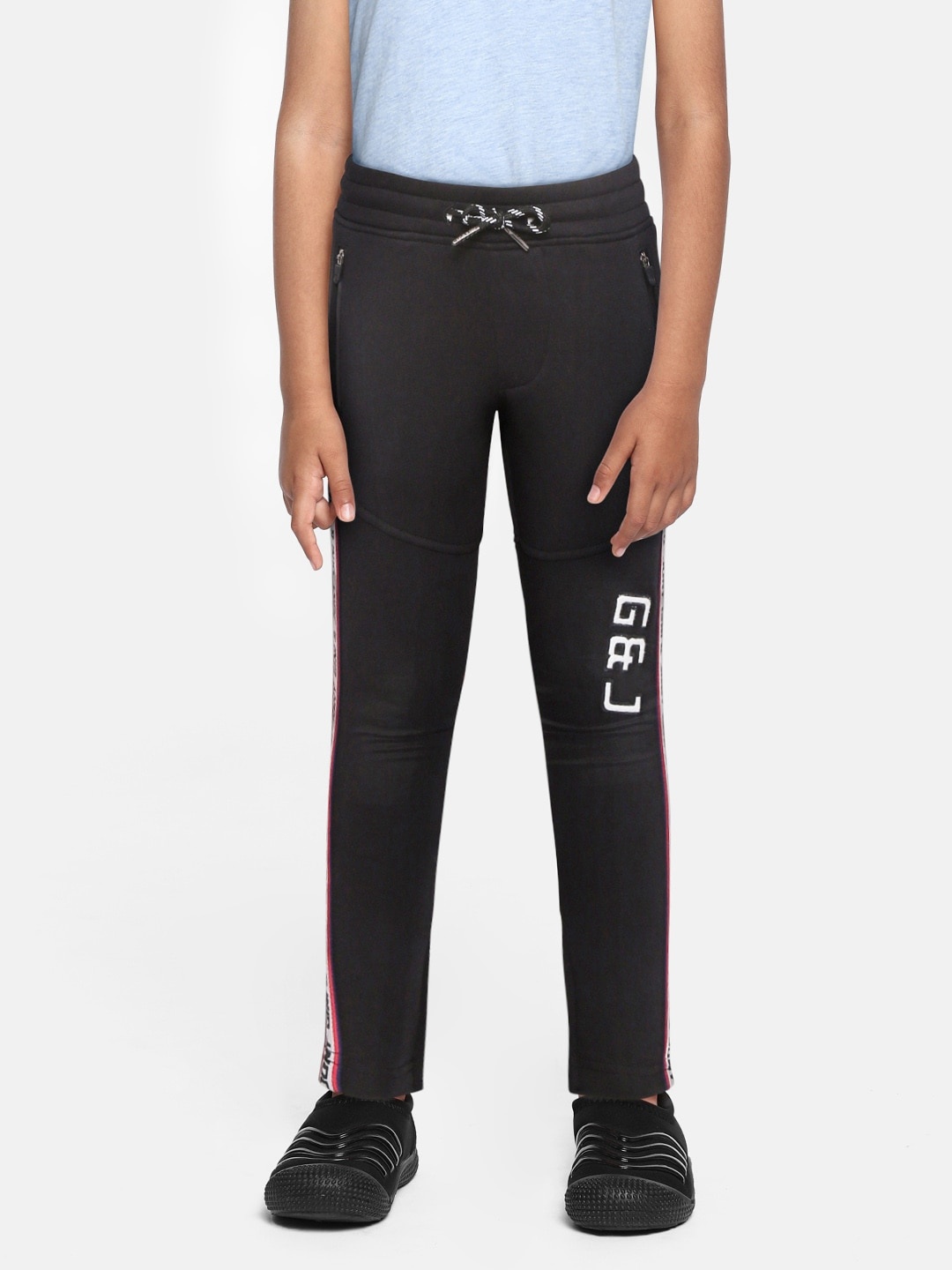 

Gini and Jony Boys Black Solid Track Pants with Applique Detail