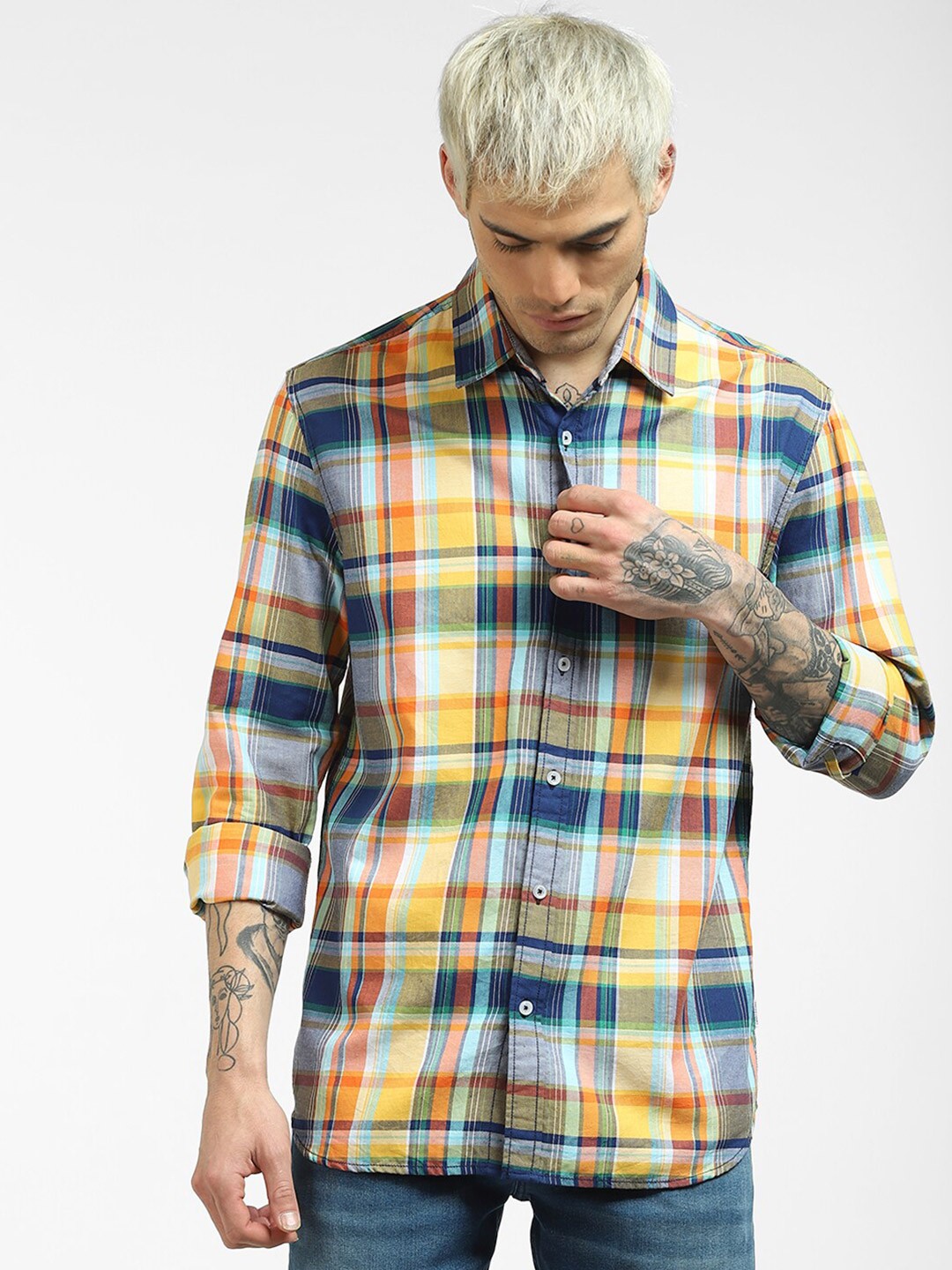

Jack & Jones Men Multicoloured Tartan Checks Checked Cotton Casual Shirt, Multi
