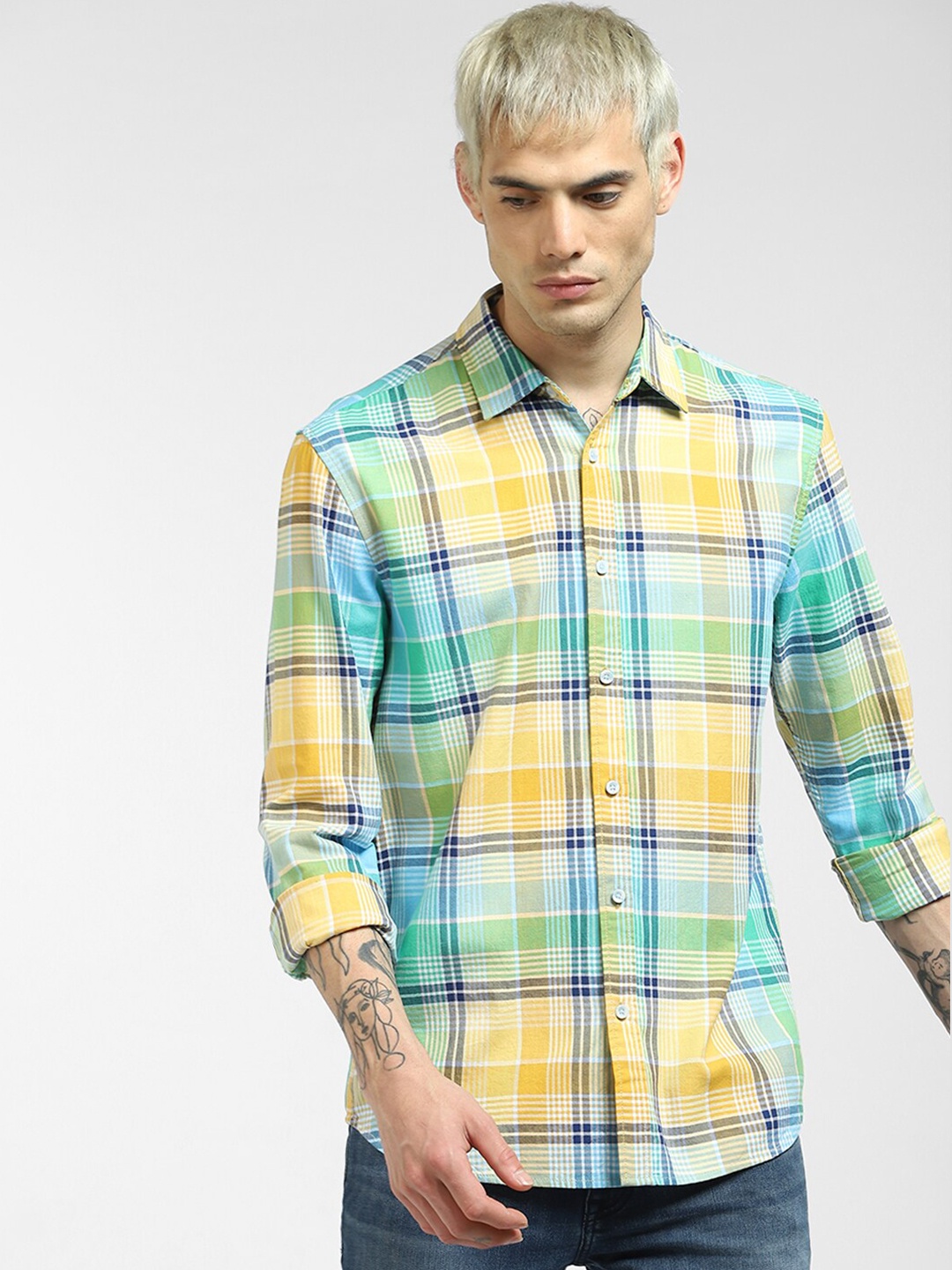 

Jack & Jones Men Yellow & Green Checked Cotton Casual Shirt