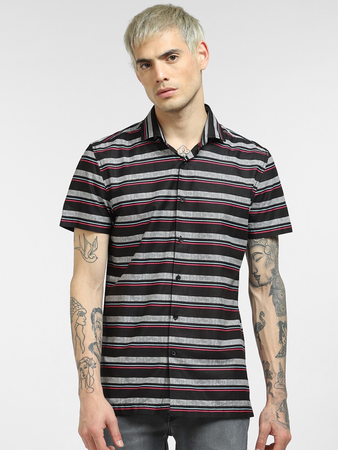 

Jack & Jones Men Black & White Horizontal Stripes Striped Cotton Casual Shirt