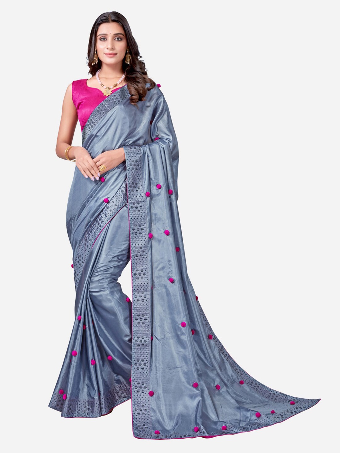 

SIRIL Grey & Pink Embellished Silk Cotton Saree