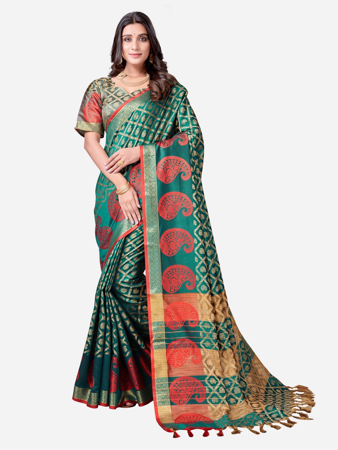 

SIRIL Green & Red Paisley Zari Silk Cotton Kanjeevaram Saree