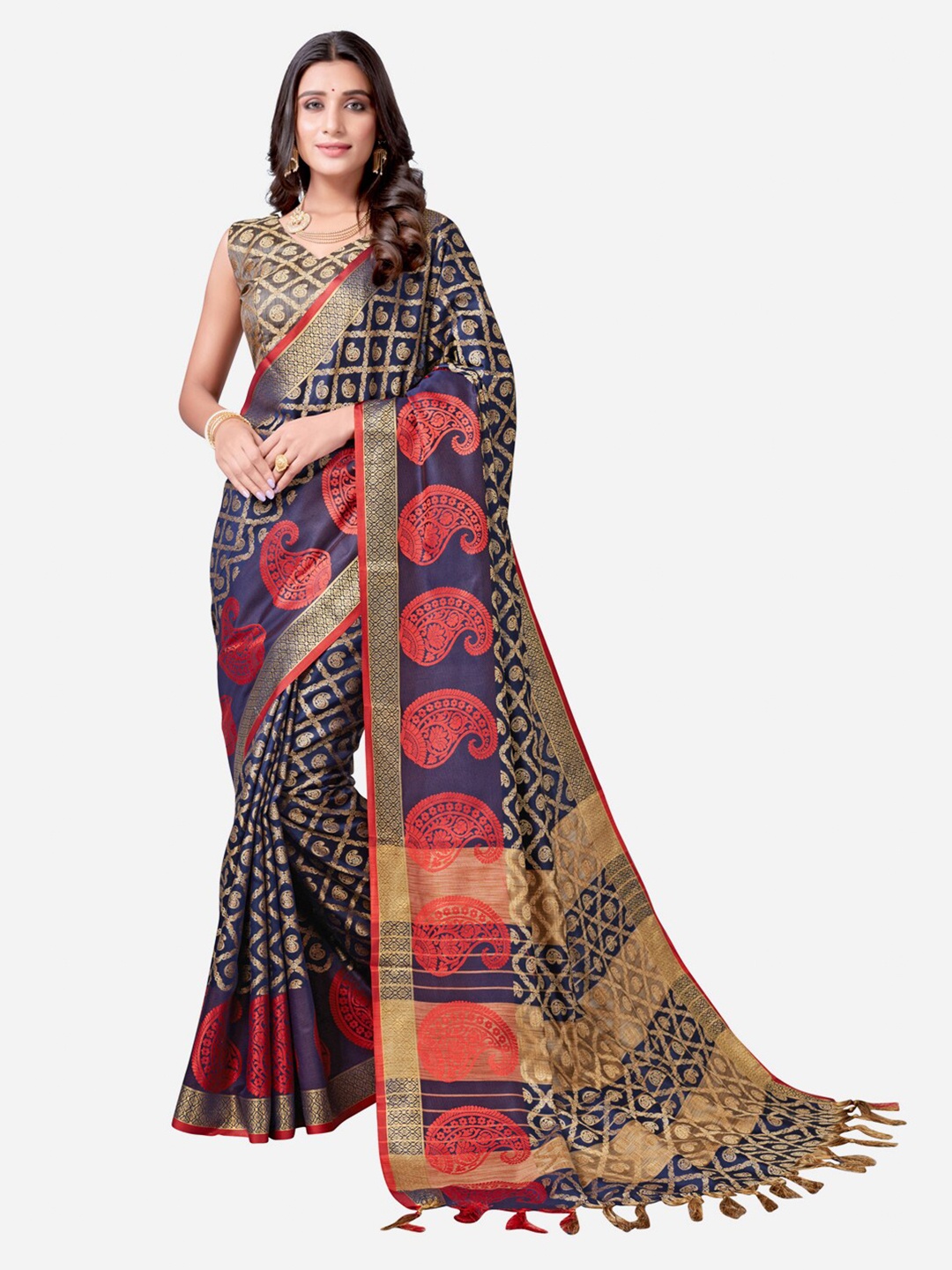 

SIRIL Navy Blue & Red Paisley Woven Design Kanjeevaram Saree