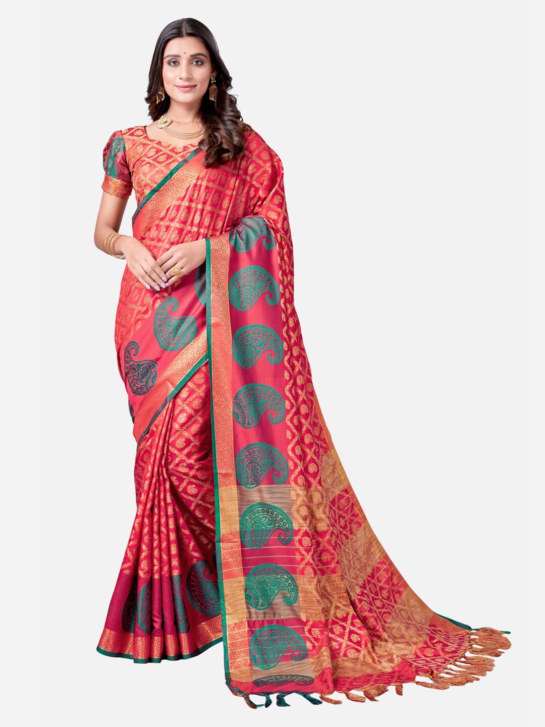 

SIRIL Red & Green Paisley Zari Silk Cotton Kanjeevaram Saree