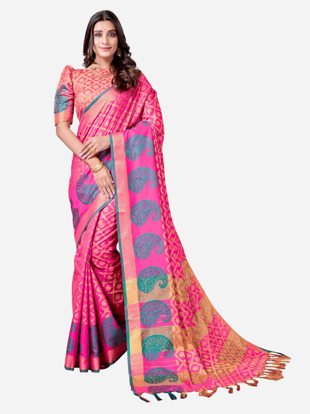 

SIRIL Pink & Blue Paisley Zari Silk Cotton Kanjeevaram Saree