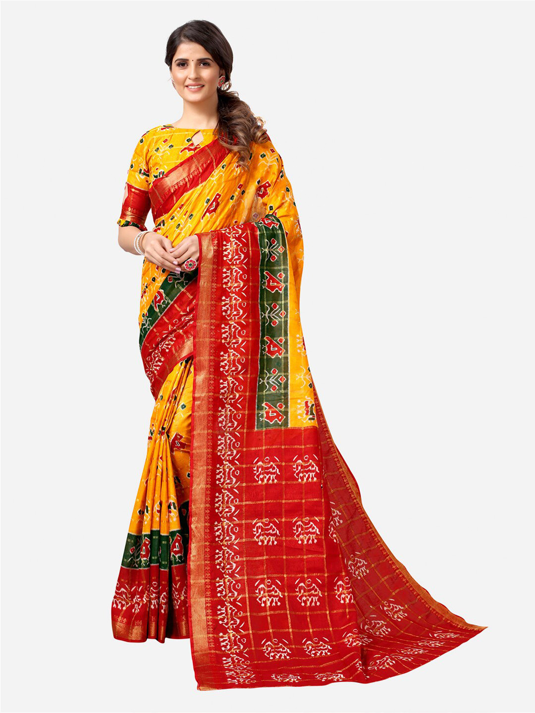 

SIRIL Yellow & Red Warli Printed Saree