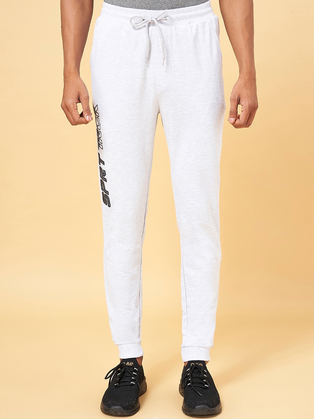

Ajile by Pantaloons Men Grey Melange Typography Printed Pure Cotton Slim-Fit Joggers