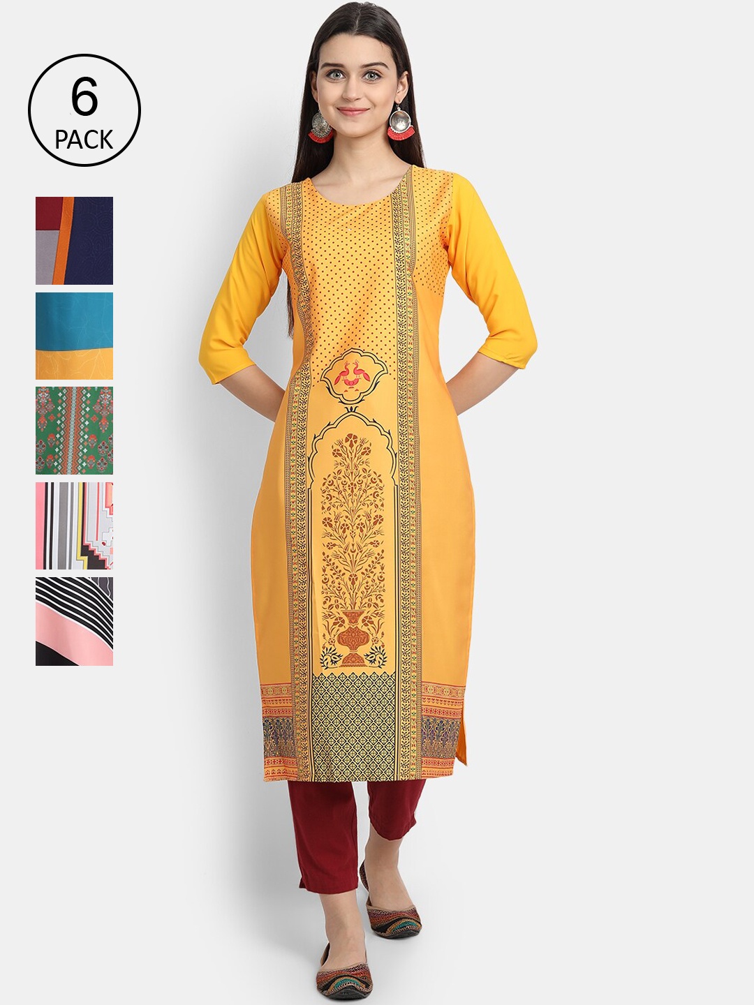 

Ethnic basket Women Pack Of 6 Multicoloured Ethnic Motifs Printed Crepe Kurta, Multi