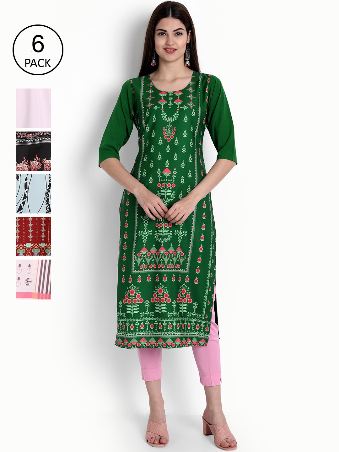 

Ethnic basket Women Pack of 6 Green & Black Floral Printed Crepe Kurtas