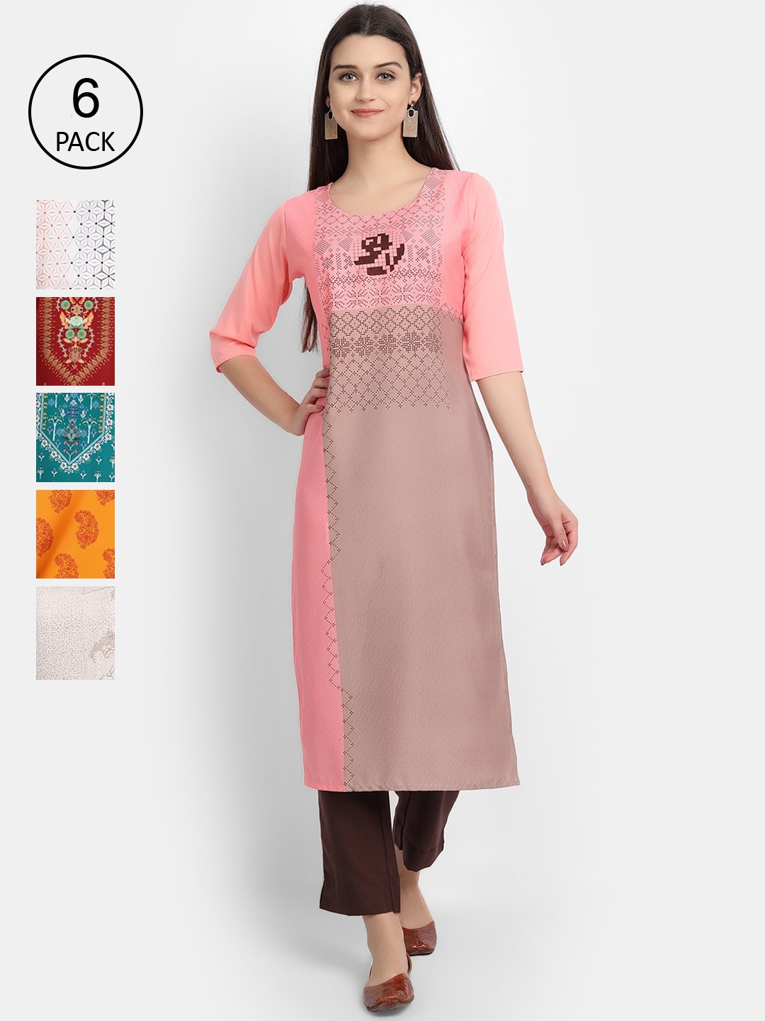 

Ethnic basket Women Set Of 6 Multicoloured Ethnic Motifs Printed Crepe Kurta, Multi