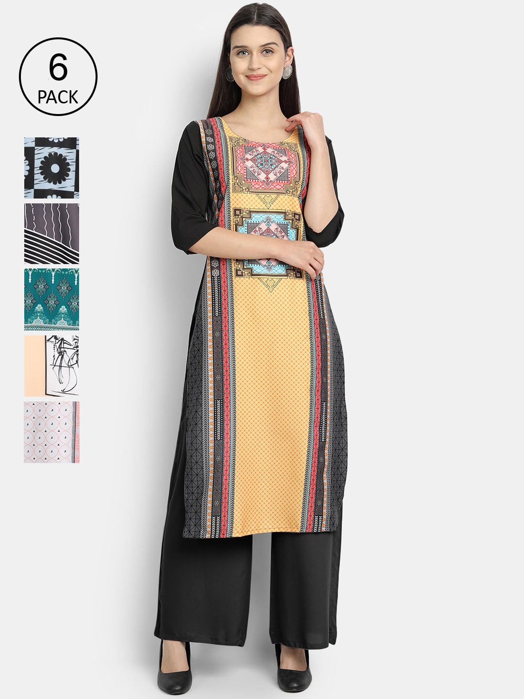 

Ethnic basket Women Set Of 6 Multicoloured Ethnic Motifs Printed Crepe Kurta, Multi