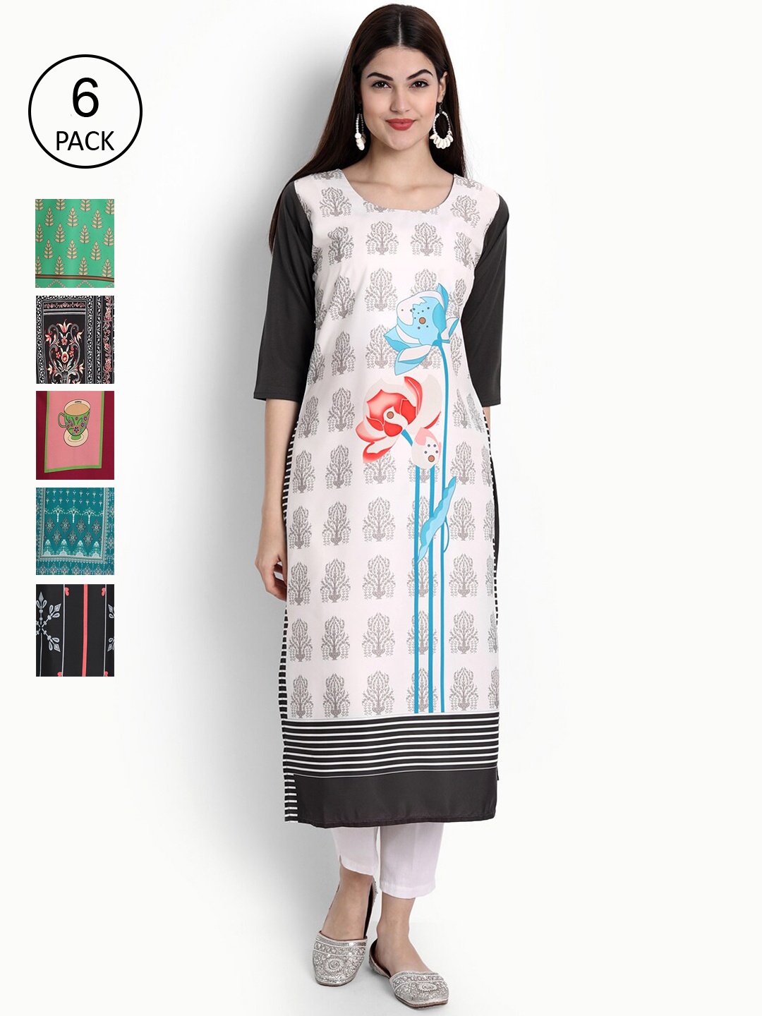 

Ethnic basket Pack Of 6 Floral Printed Crepe Kurta, White