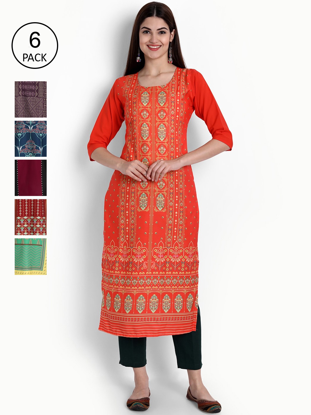 

Ethnic basket Women Multicoloured Pack Of 6 Ethnic Motifs Printed Crepe Kurta, Multi
