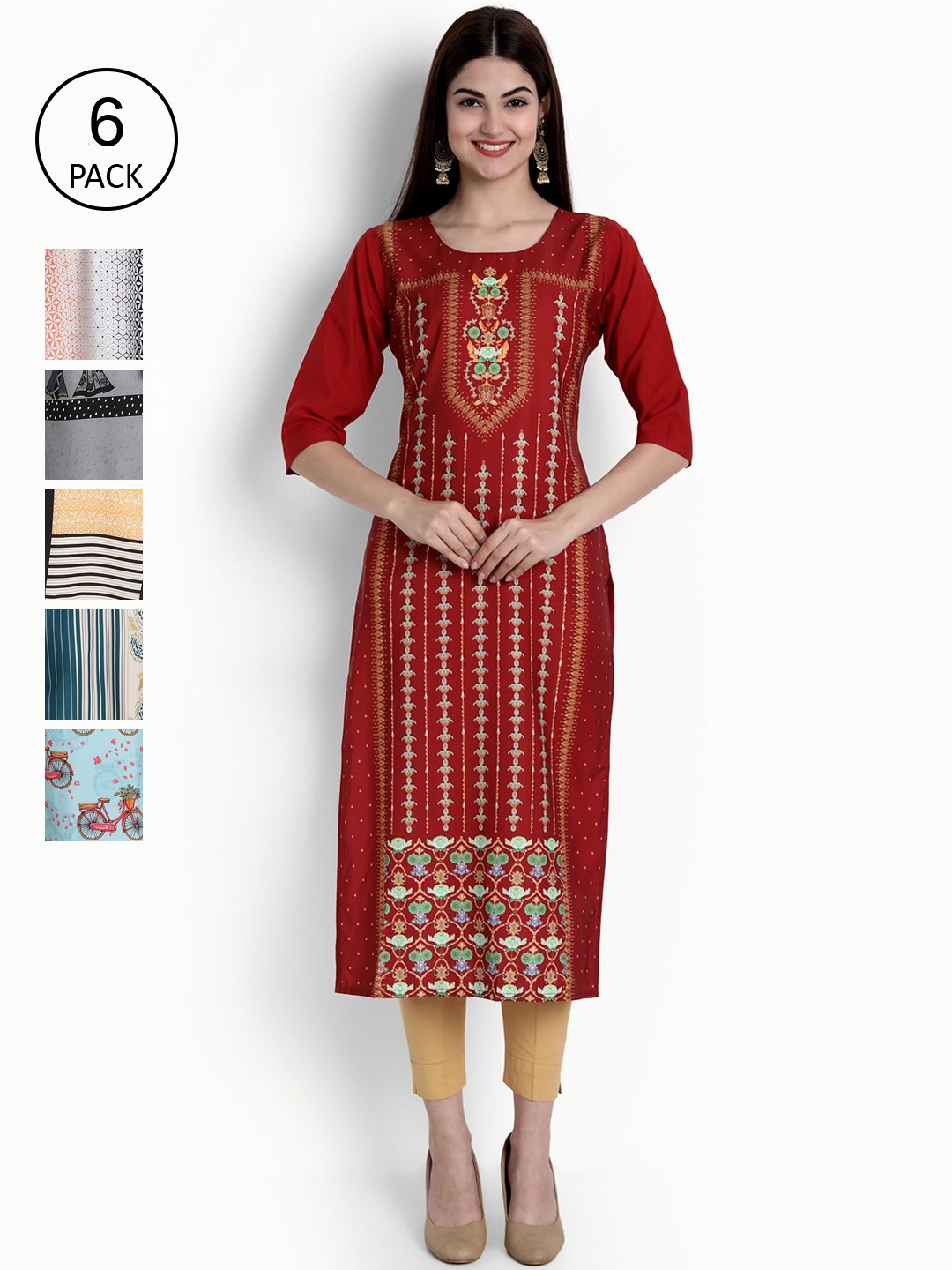 

Ethnic basket Women Pack Of 6 Multicoloured Ethnic Motifs Printed Crepe Kurta, Multi