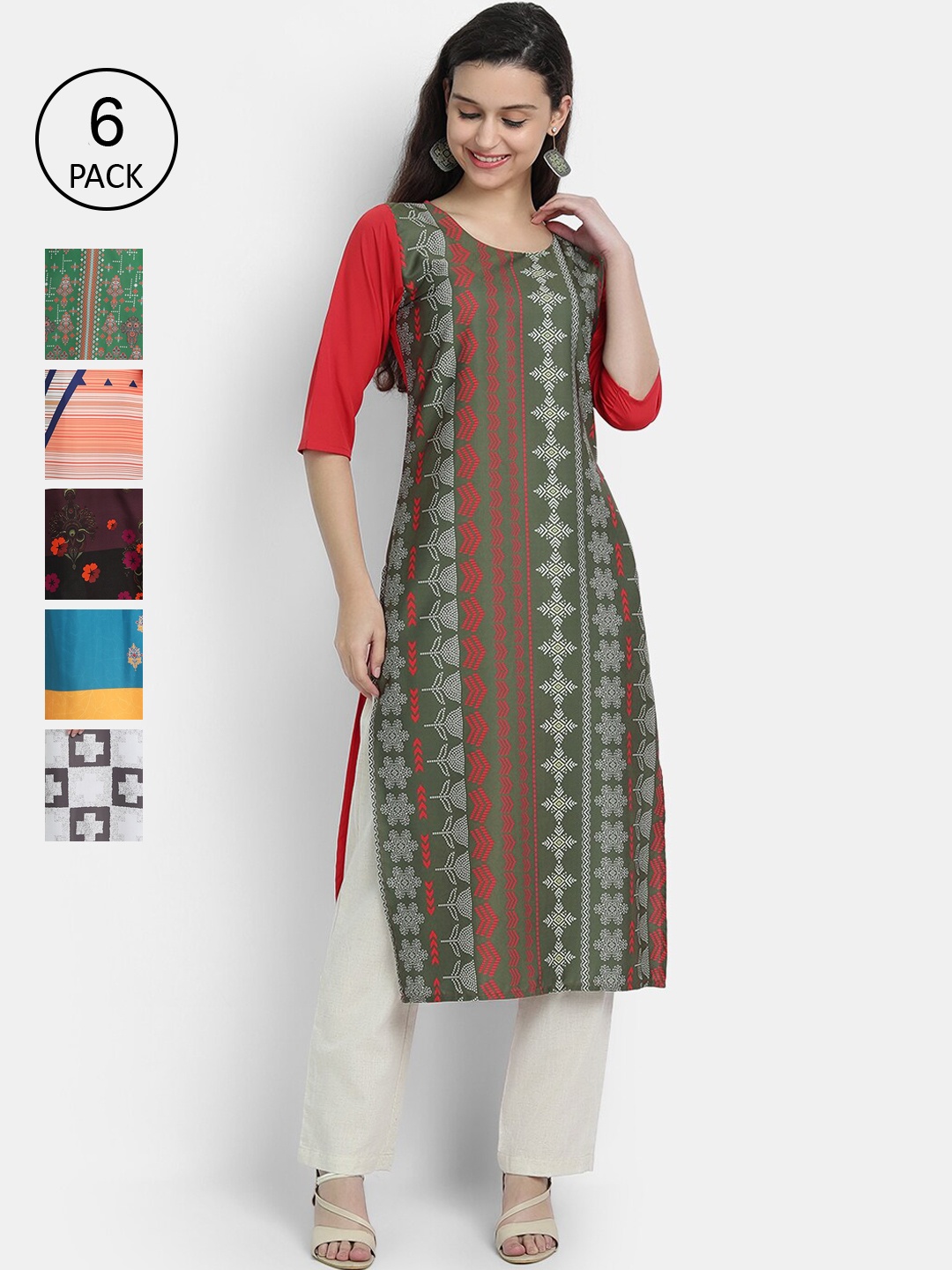 

Ethnic basket Women Pack of 6 Multicoloured Floral Printed Crepe Kurta, Multi