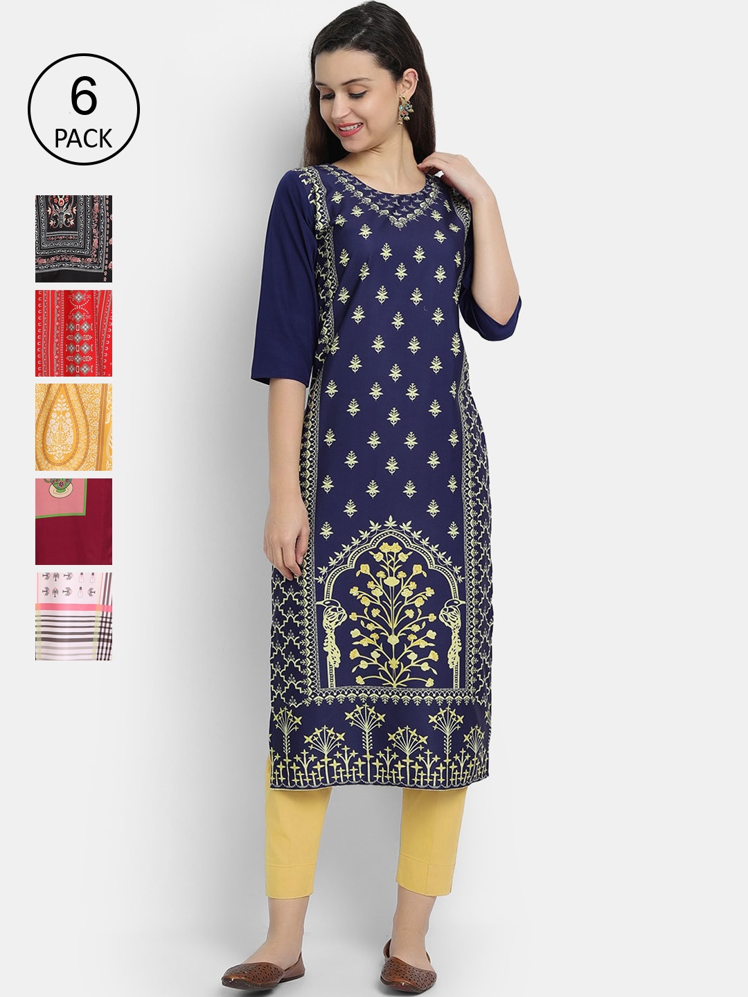 

Ethnic basket Women Pack Of 6 Digital Printed Crepe Kurta, Red