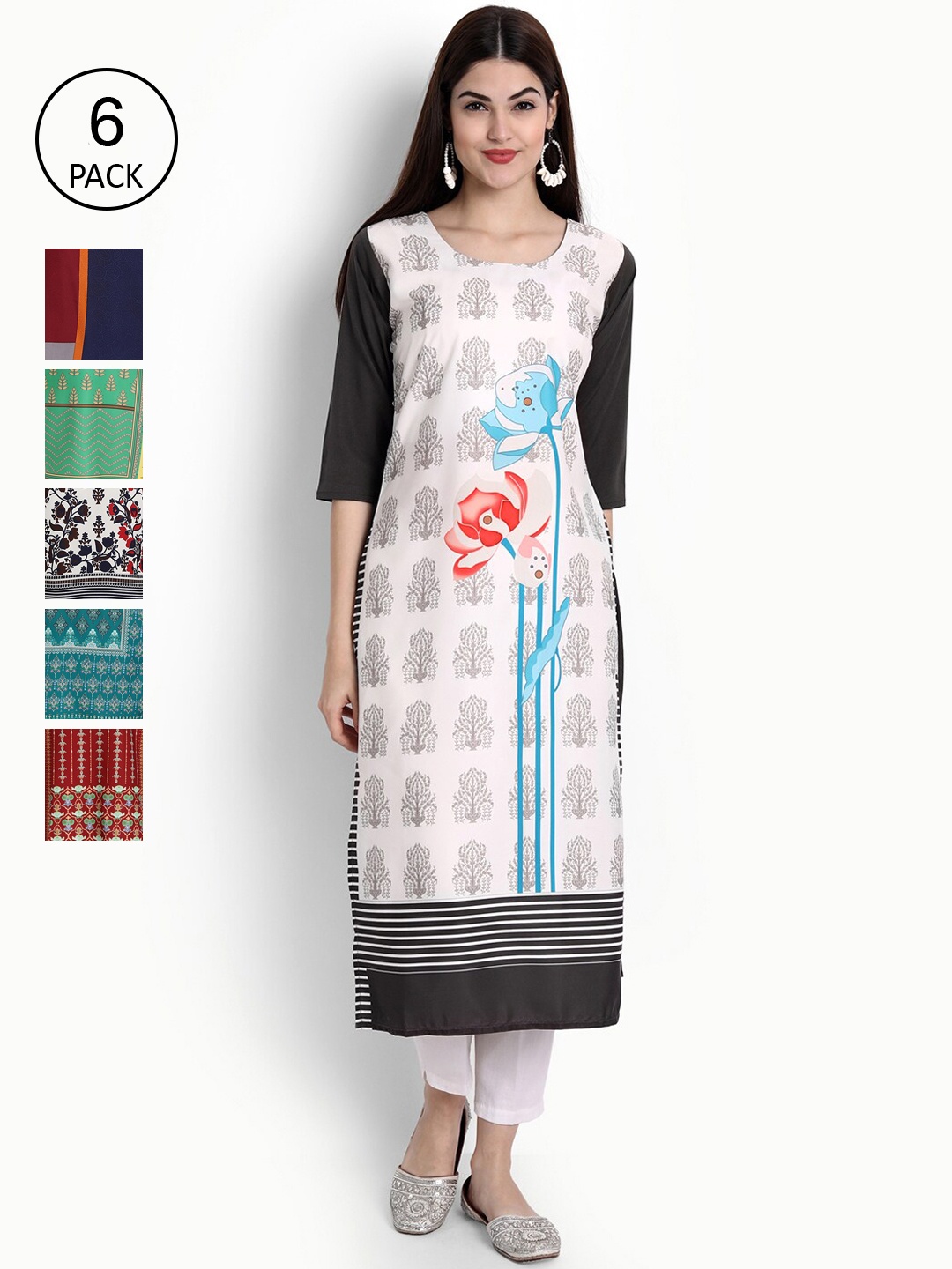 

Ethnic basket Women Set Of 6 Multicoloured Ethnic Motifs Printed Crepe Kurta, Multi