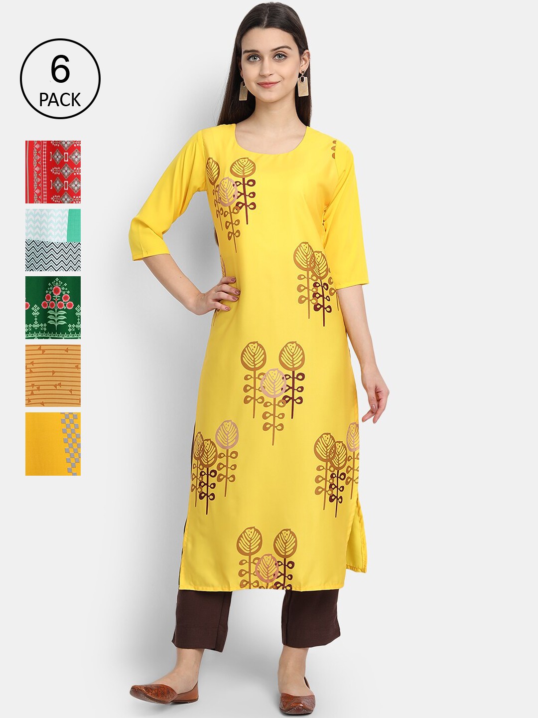 

Ethnic basket Women Pack Of 6 Multicoloured Ethnic Motifs Printed Crepe Kurta, Multi