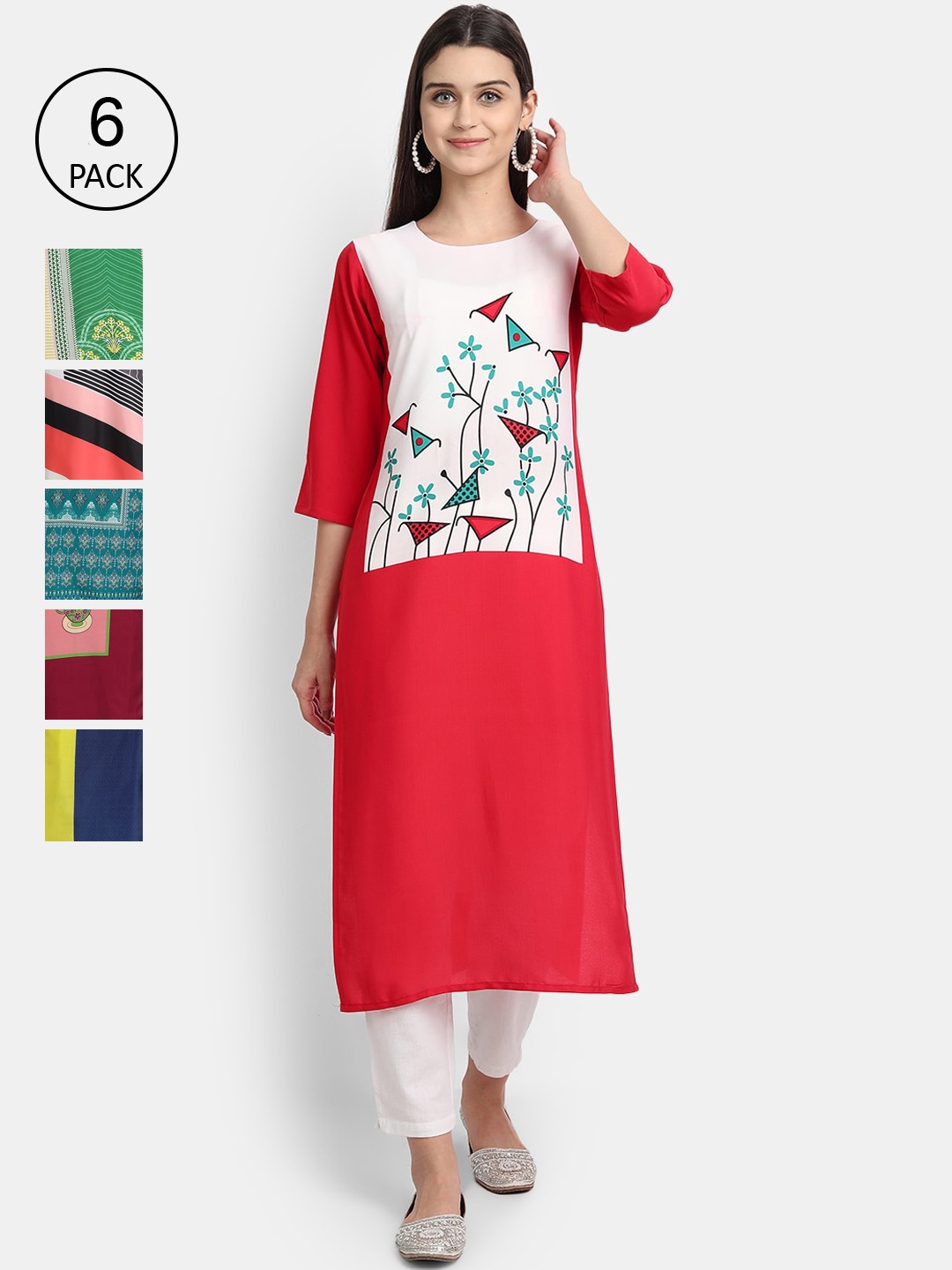 

Ethnic basket Women Pack Of 6 Digital Print Straight Kurtas, Multi