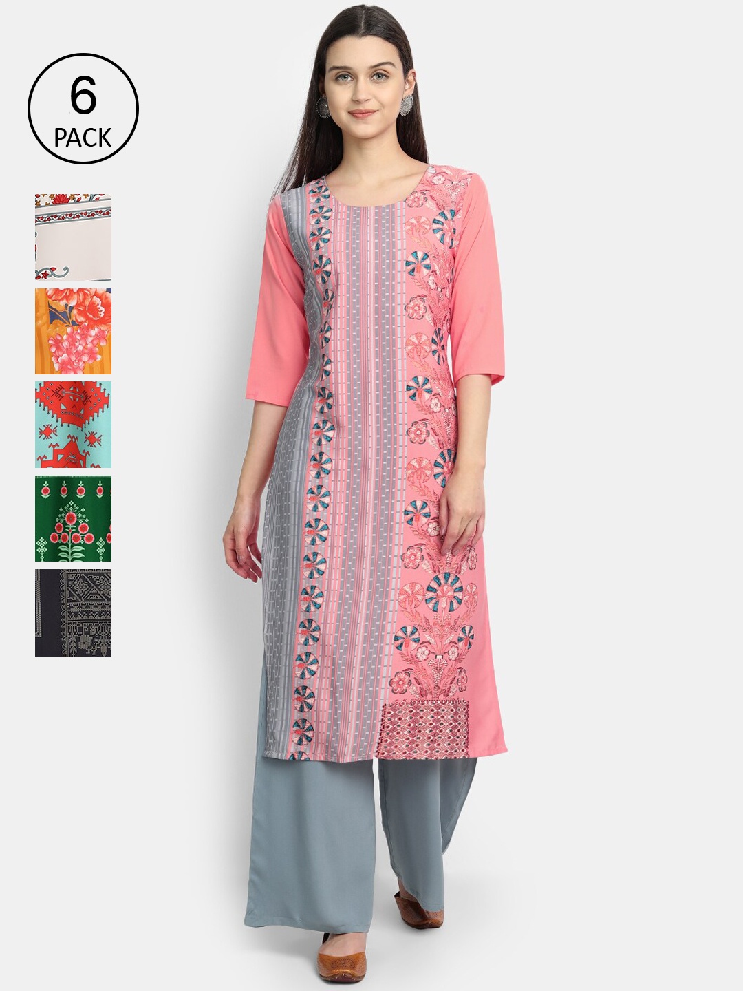 

Ethnic basket Women Pack of 6 Floral Printed Crepe Kurta, Red