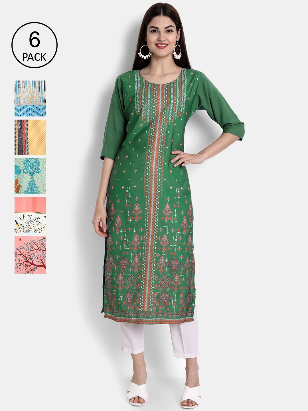 

Ethnic basket Women Pack Of 6 Multicoloured Ethnic Motifs Printed Crepe Kurta, Multi