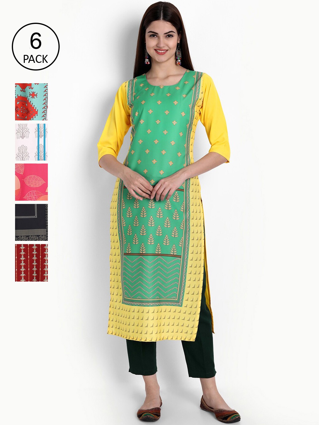

Ethnic basket Women Pack of 6 Digital Printed Straight Kurtas, Yellow