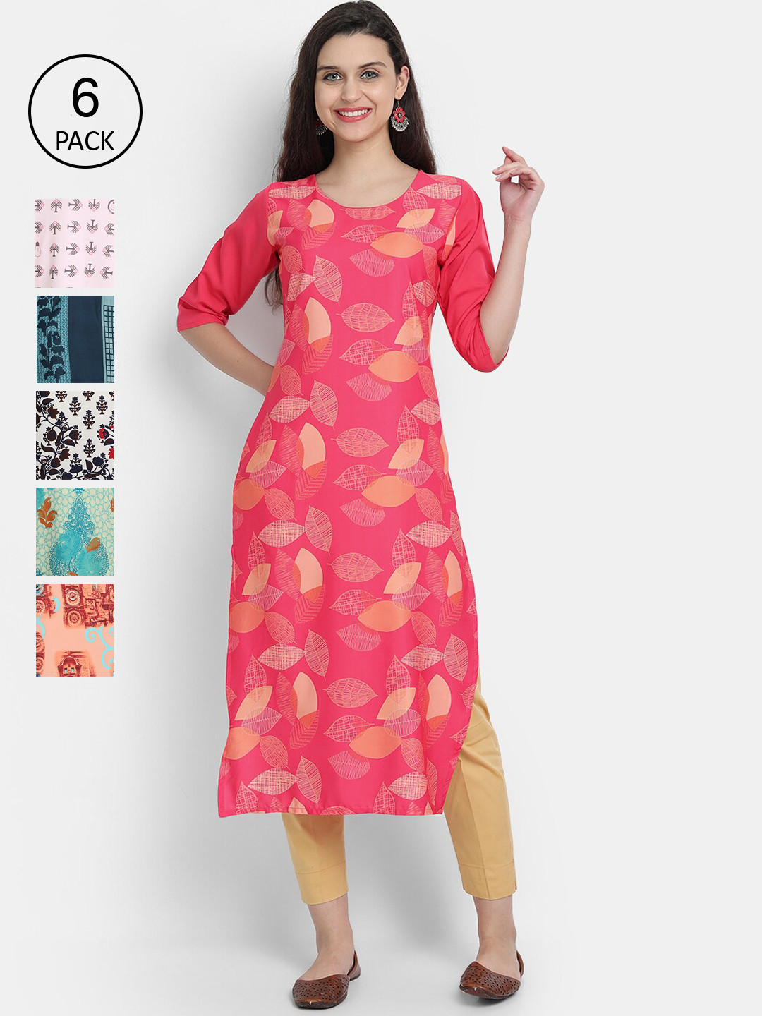 

Ethnic basket Women Pack of 6 Multicoloured Floral Printed Crepe Kurta, Multi