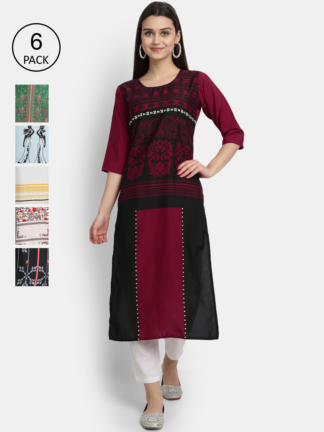 

Ethnic basket Women Multicoloured Set of 6 Ethnic Motifs Printed Crepe Kurta, Multi