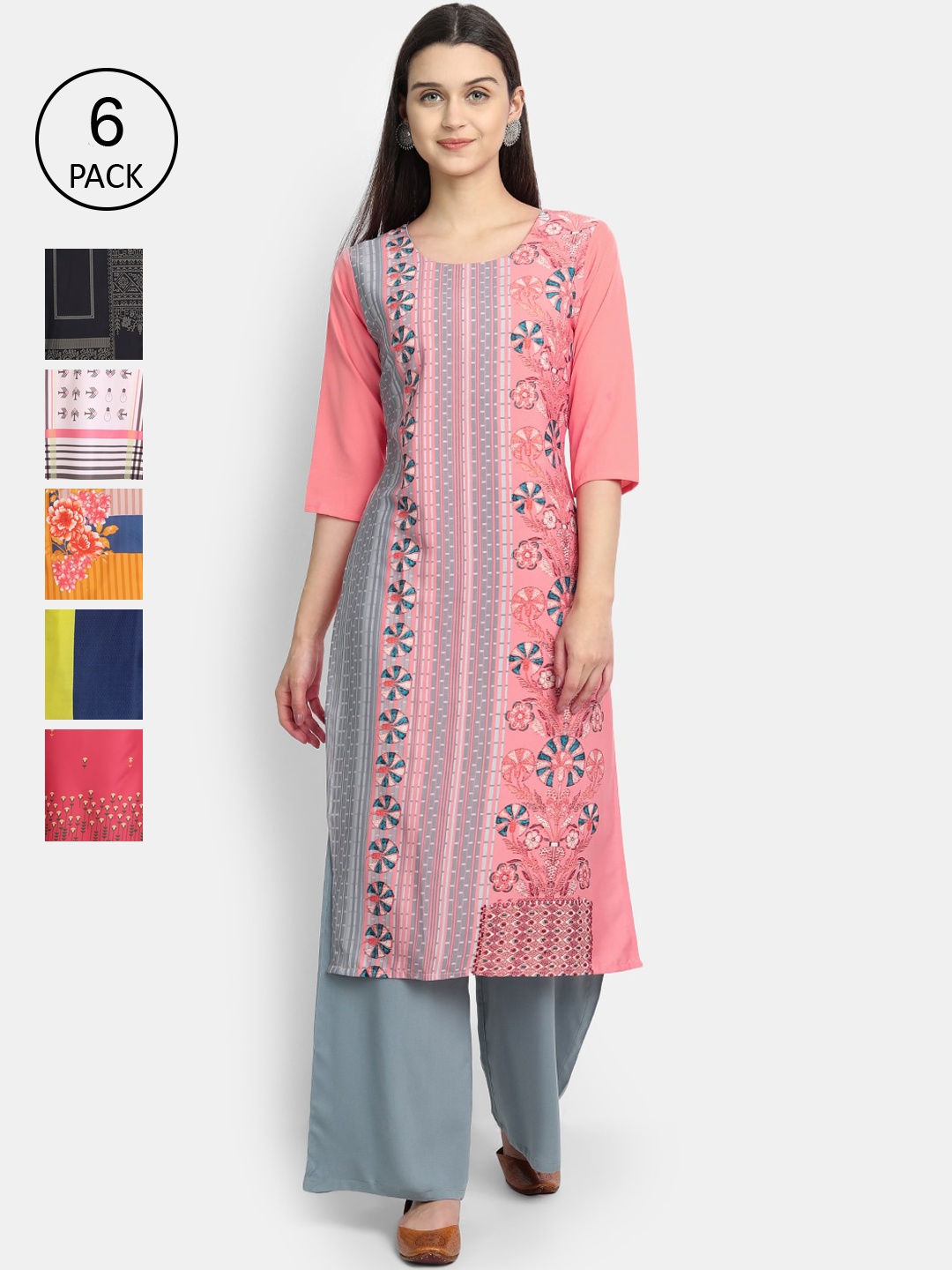 

Ethnic basket Women Pack Of 6 Digital Printed Crepe Kurta, Pink