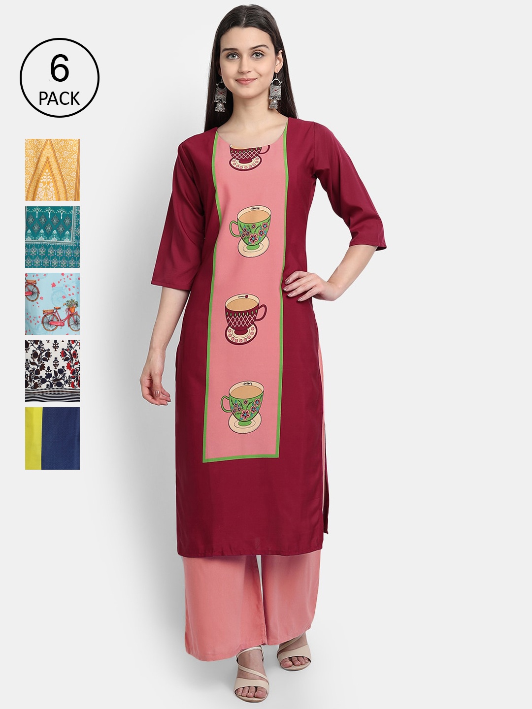 

Ethnic basket Pack Of 6 Ethnic Motifs Printed Crepe Kurta, Maroon