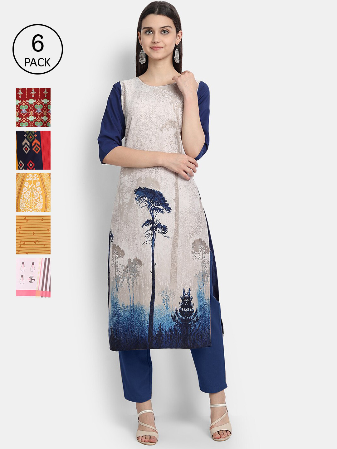 

Ethnic basket Women Pack of 6 Ethnic Motifs Printed Crepe Kurta, Blue