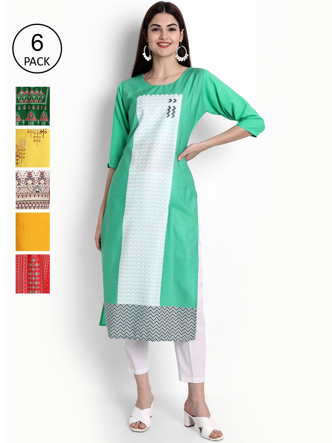 

Ethnic Basket Women Pack Of 6 Digital Print Straight Kurtas, Multi