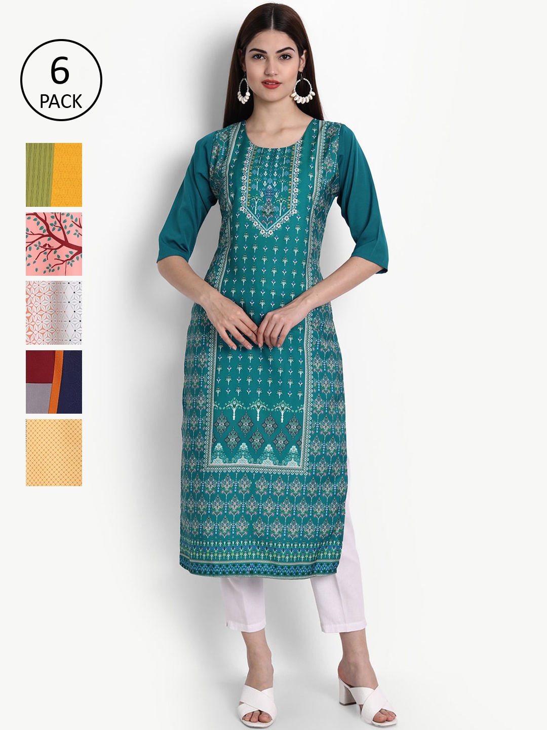 

Ethnic basket Women Pack of 6 Digital Printed Straight Kurtas, Teal