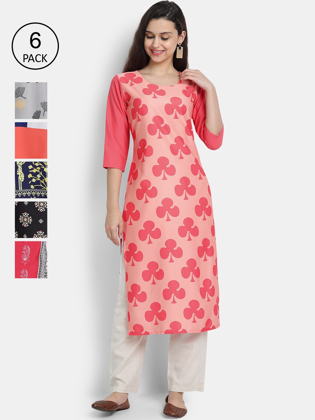 

Ethnic basket Women Pack of 6 Multicoloured Ethnic Motifs Printed Crepe Kurta, Multi
