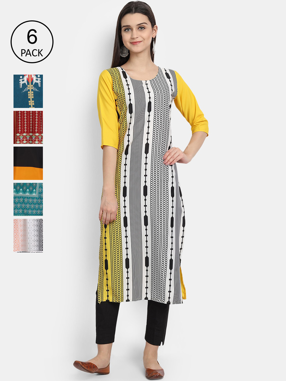 

Ethnic basket Women Pack Of 6 Digital Print Straight Kurtas, Multi