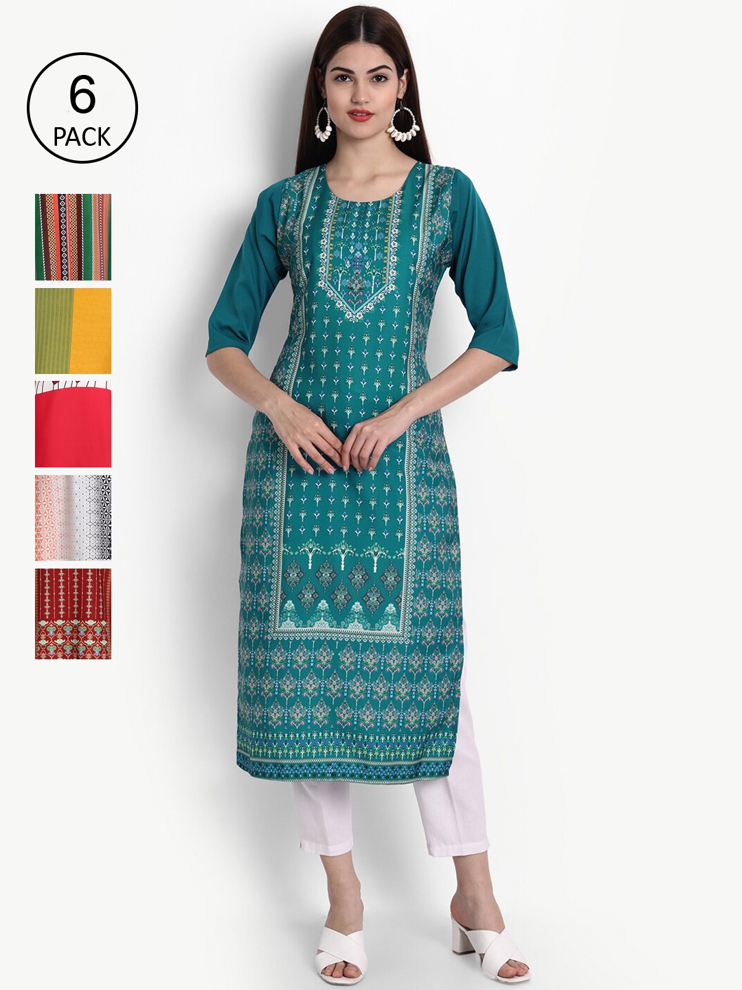 

Ethnic basket Women Pack of 6 Multicoloured Ethnic Motifs Printed Crepe Kurta, Multi