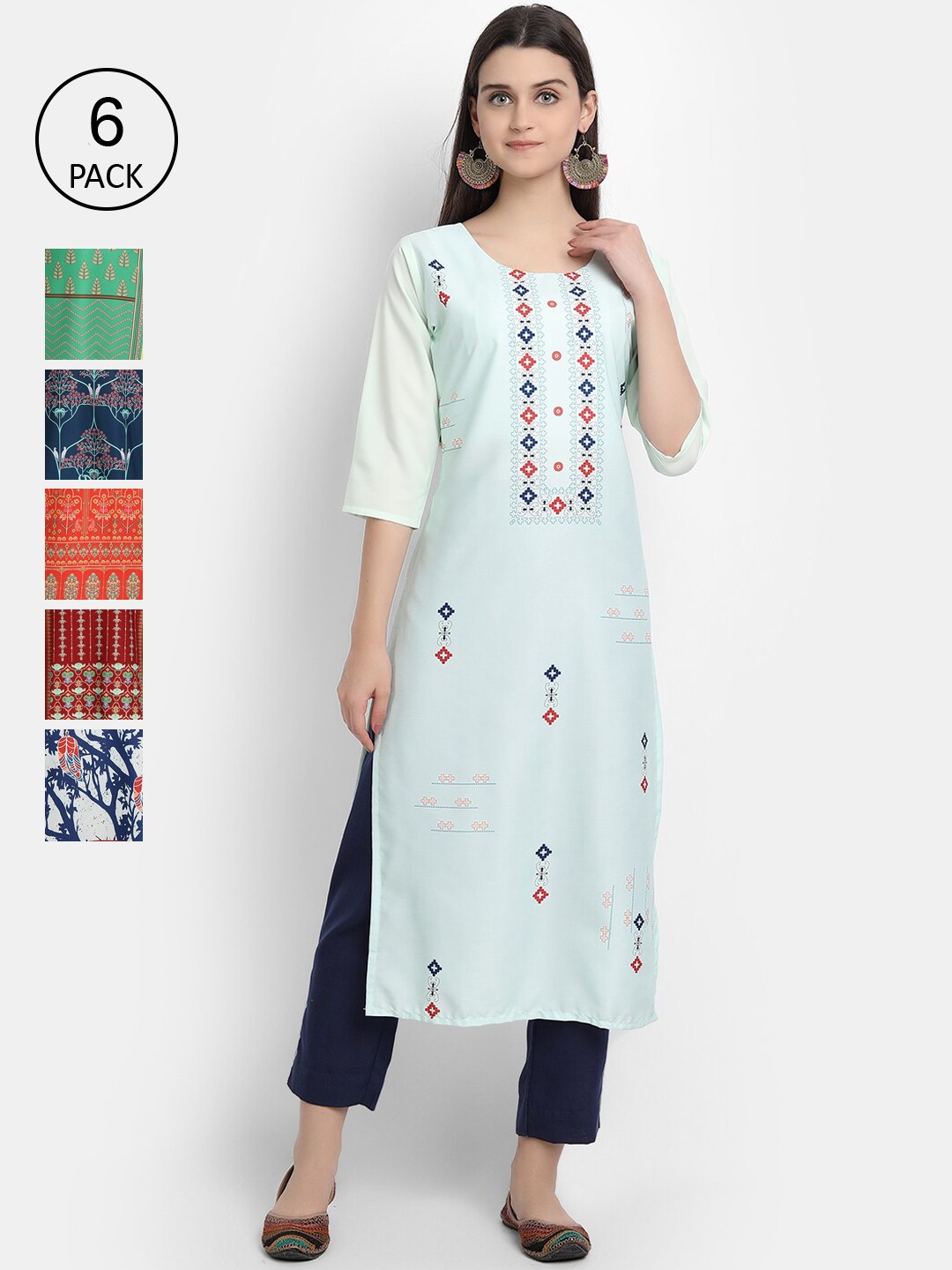 

Ethnic basket Women Pack Of 6 Multicoloured Ethnic Motifs Printed Crepe Kurta, Multi
