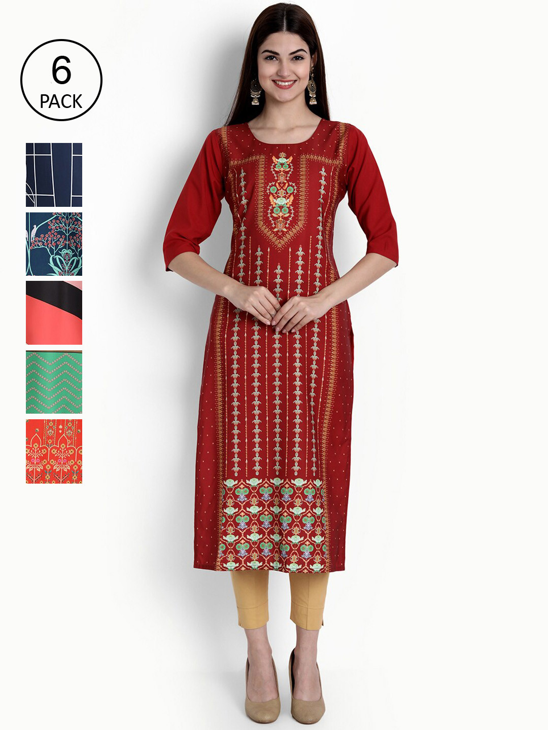 

Ethnic basket Women Pack of 6 Multicoloured Floral Printed Crepe Kurta, Multi