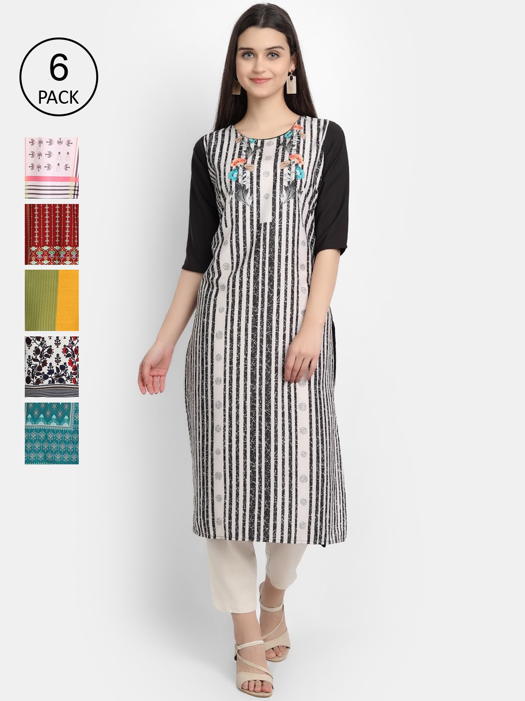 

Ethnic Basket Women Pack Of 6 Digital Print Straight Kurtas, Multi