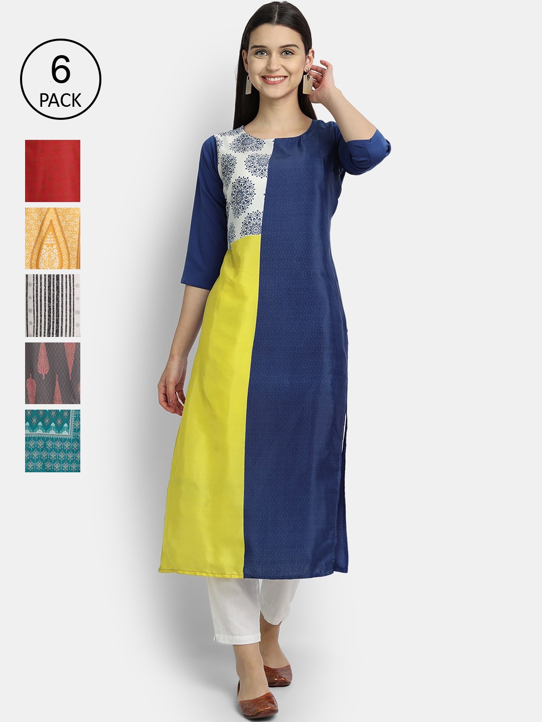 

Ethnic basket Women Pack of 6 Digital Printed Straight Kurtas, Blue