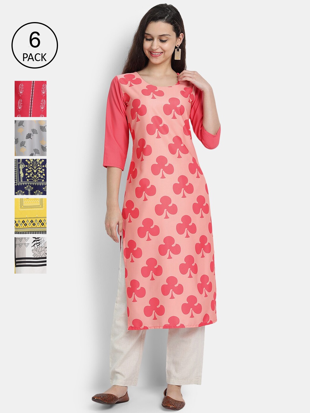 

Ethnic basket Women Pack Of 6 Digital Printed Crepe Kurta, Pink
