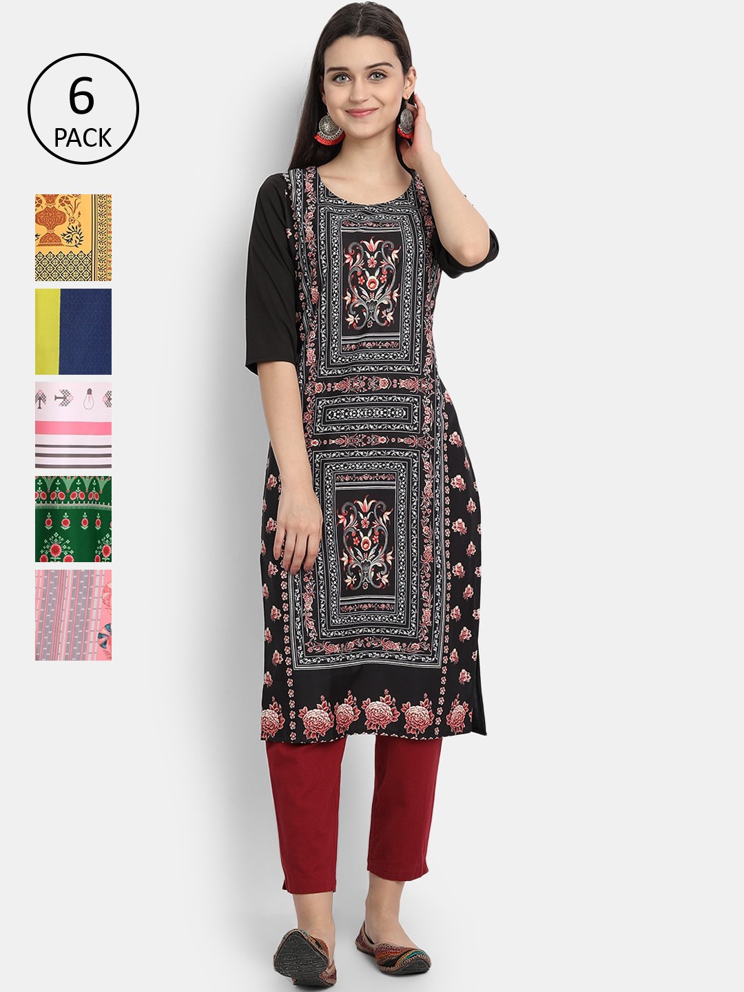 

Ethnic basket Women Pack of 6 Black & Peach-Coloured Digital Printed Crepe Kurtas