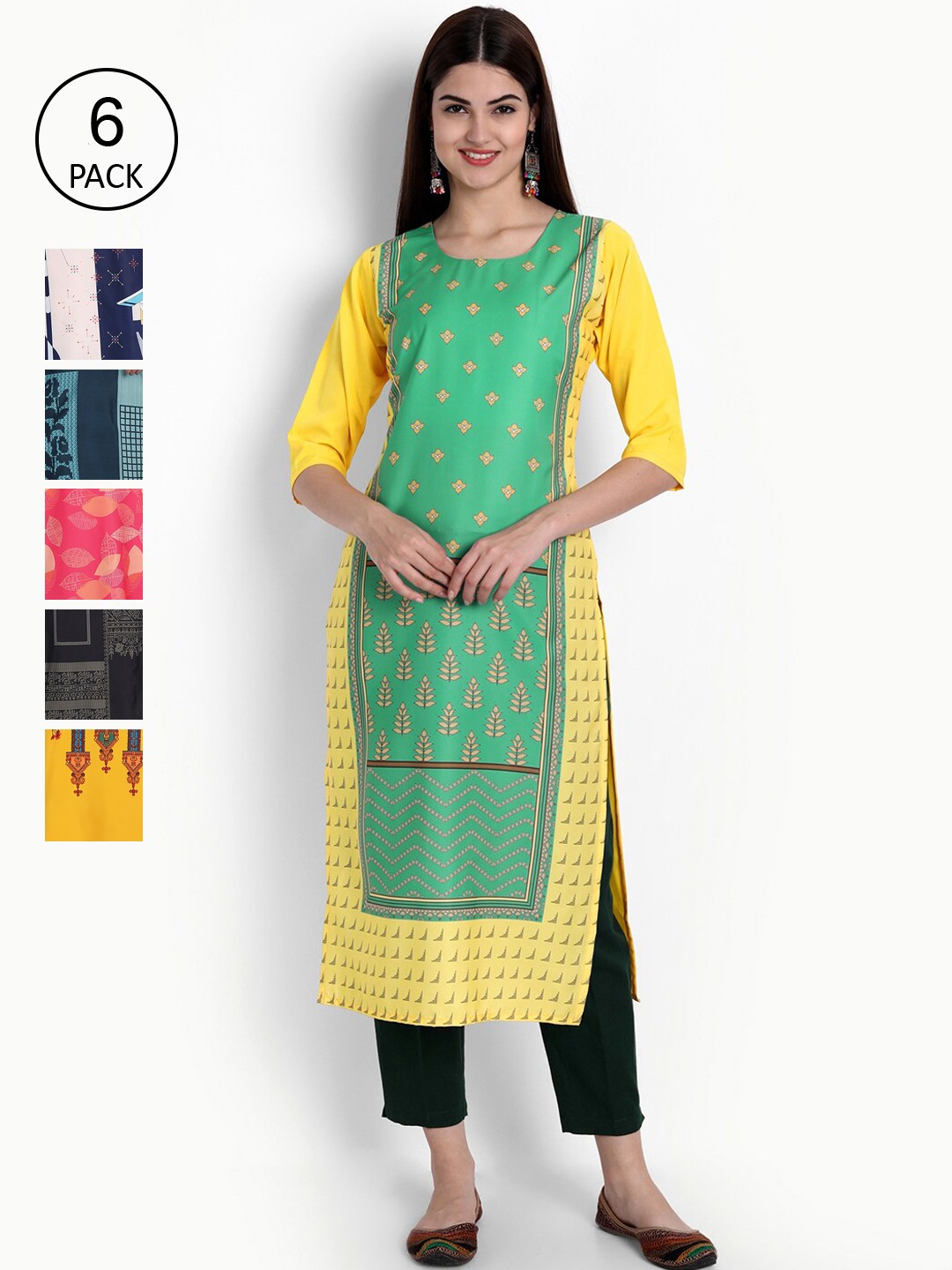 

Ethnic basket Women Pack Of 6 Multicoloured Ethnic Motifs Printed Crepe Kurta, Multi