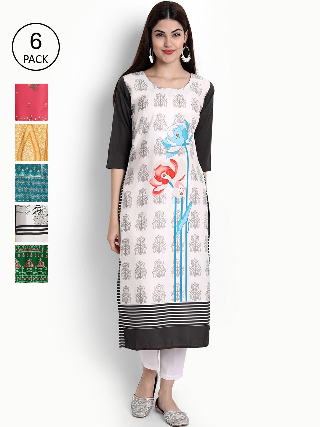 

Ethnic basket Women Multicoloured Floral Embroidered Thread Work Crepe Kurta Pack Of 6, Grey
